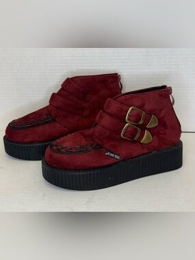 Burgundy faux Suede Ankle Creeper style Boots with double Buckles back zip